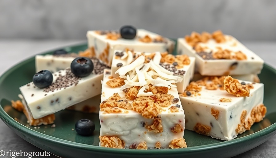 High protein frozen yogurt bark with toppings on a plate.