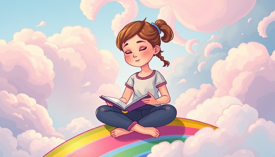 Young girl journaling on a rainbow, symbolizing personal development.
