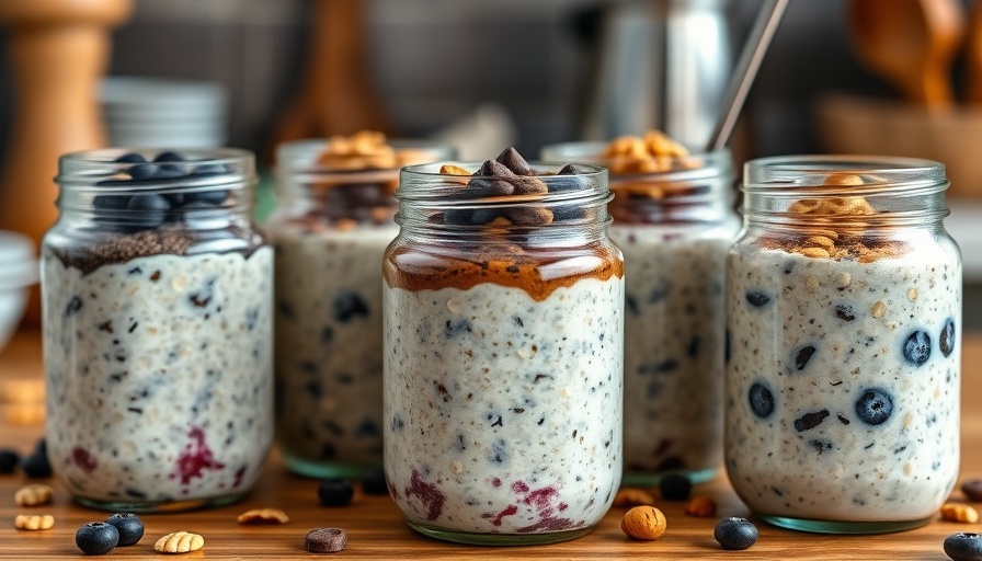 Healthy high-protein vegan overnight oats with diverse toppings.