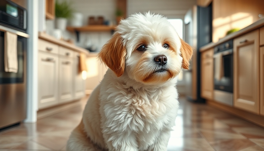 Cute fluffy dog in kitchen symbolizes Friday Faves for Busy Moms.