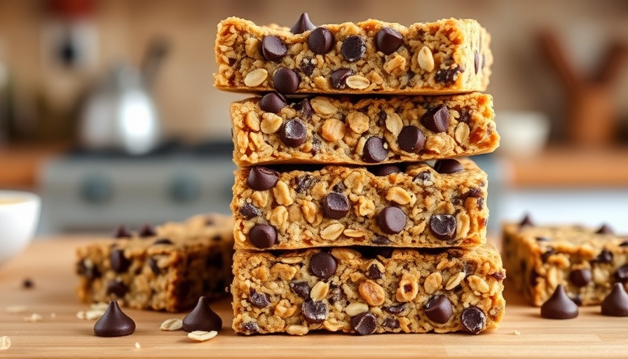 No-Bake Chocolate Chip Peanut Butter Protein Granola Bars stacked.
