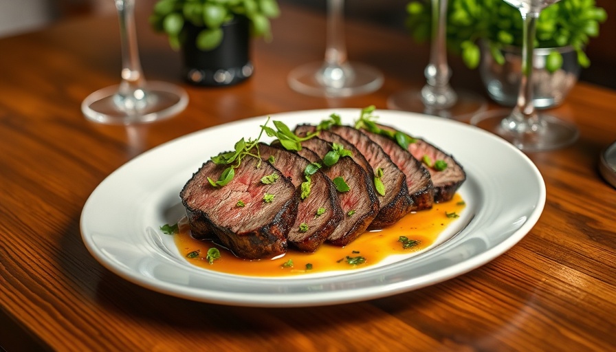Beautifully plated red meat garnished with greens on a table.