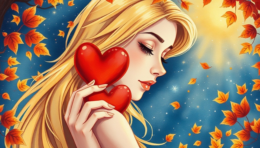 Whimsical illustration of self improvement with a woman holding a heart.