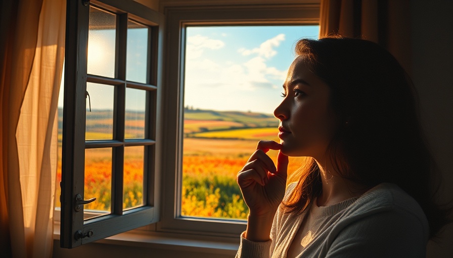 Thoughtful woman considers personal development questions by window.
