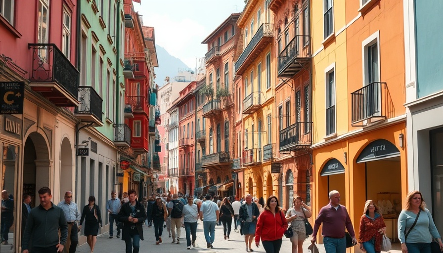 Colorful urban street scene with people walking, budgeting for family adventures.