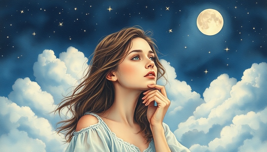 Serene young woman reflecting under starry sky, watercolor art, personal development theme.