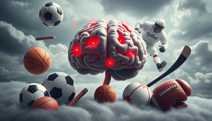 Surreal illustration of sports items and brain, highlighting concussion risks.