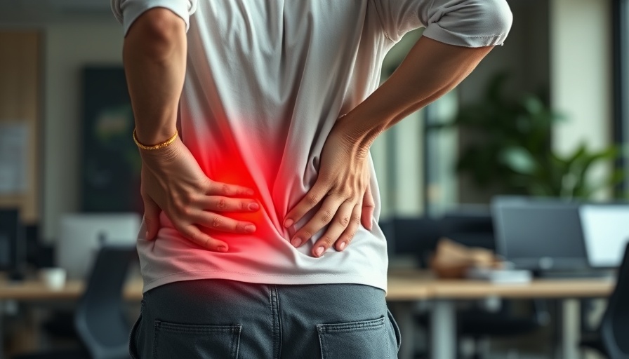 Person experiencing low back pain in an office setting.