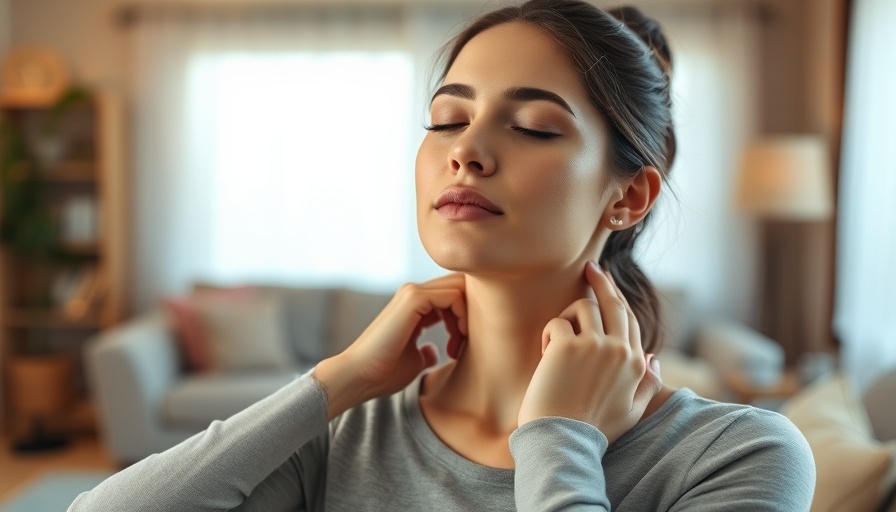 Woman practicing stiff neck relief with a gentle self-massage.
