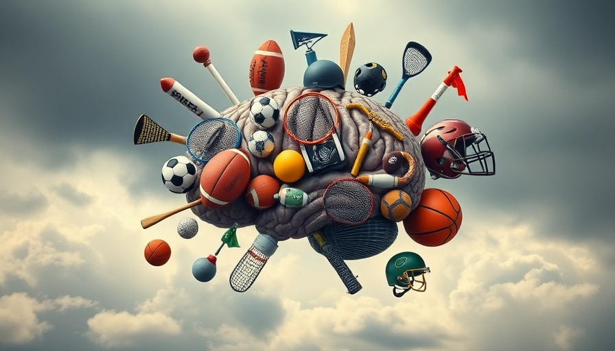 Symbolic illustration of a brain surrounded by sports gear alluding to chiropractic care for concussion athletes.