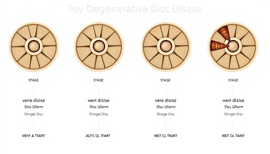 Four stages of degenerative disc disease illustrated with labeled diagrams.