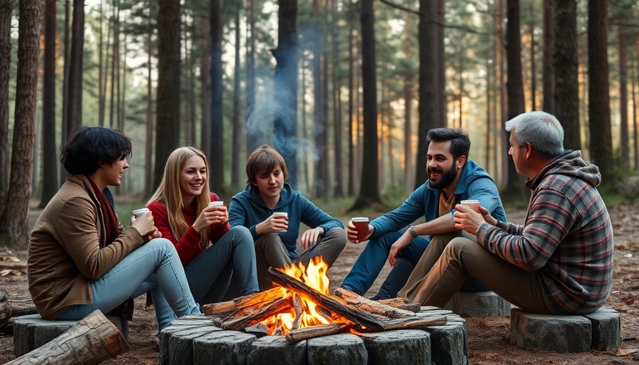 Two friends around a campfire in a forest, 30-day social media challenge