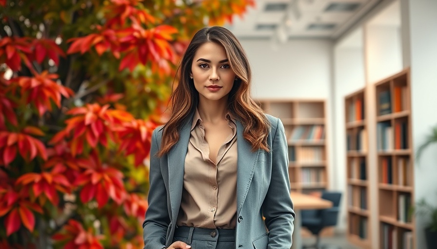 Stylish young woman posing in nature and office setting.