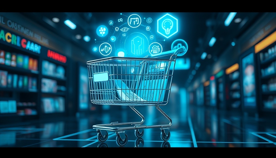 AI in retail concept with futuristic digital shopping cart.