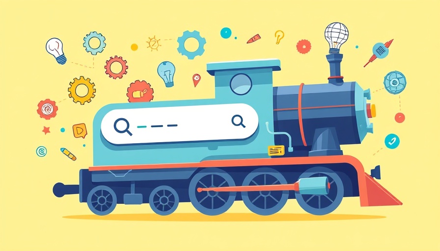 Stylized train engine with search bar, abstract icons, light yellow background