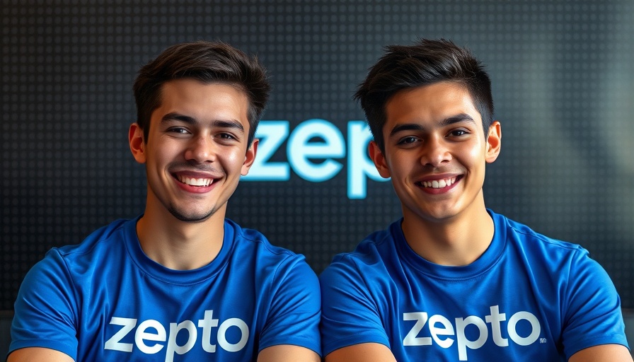 Young men in Zepto shirts with logo in digital background