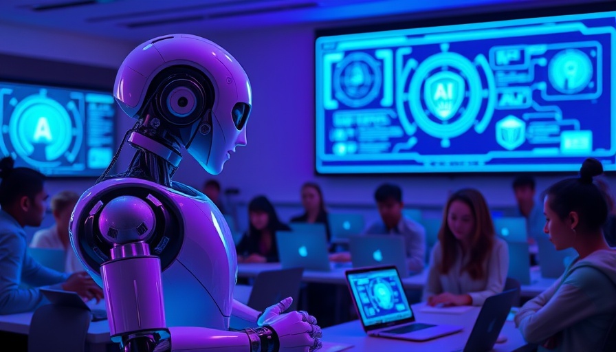 Futuristic AI robot teaching students in a high-tech classroom setting.