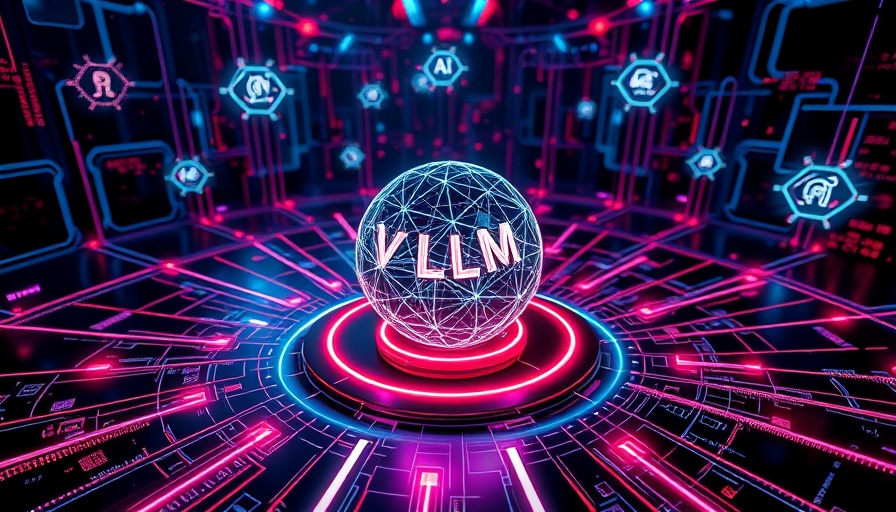 Futuristic LLM design with glowing sphere and vibrant neon data streams.