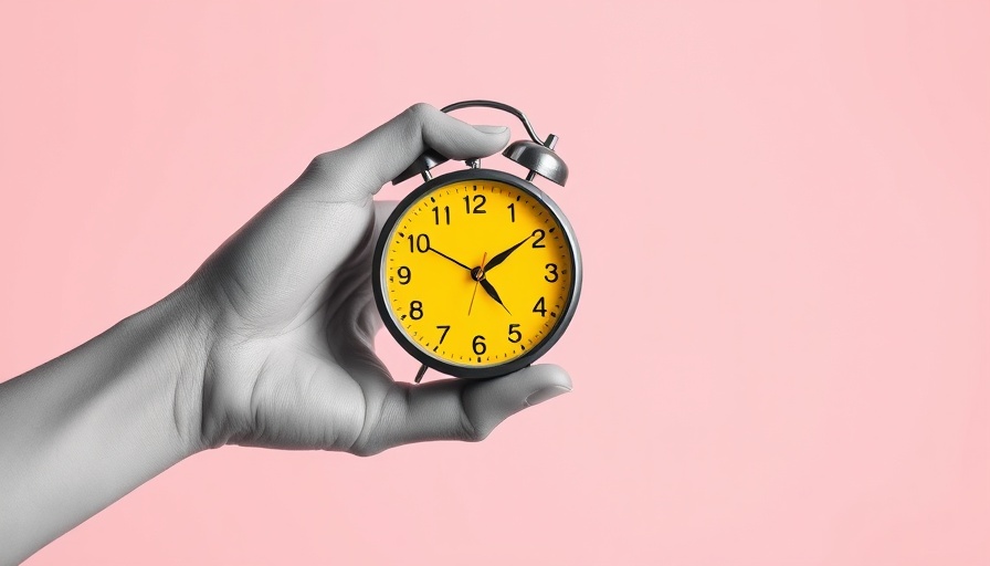 Minimalist hand with yellow clock, AI social media content creation tools concept.