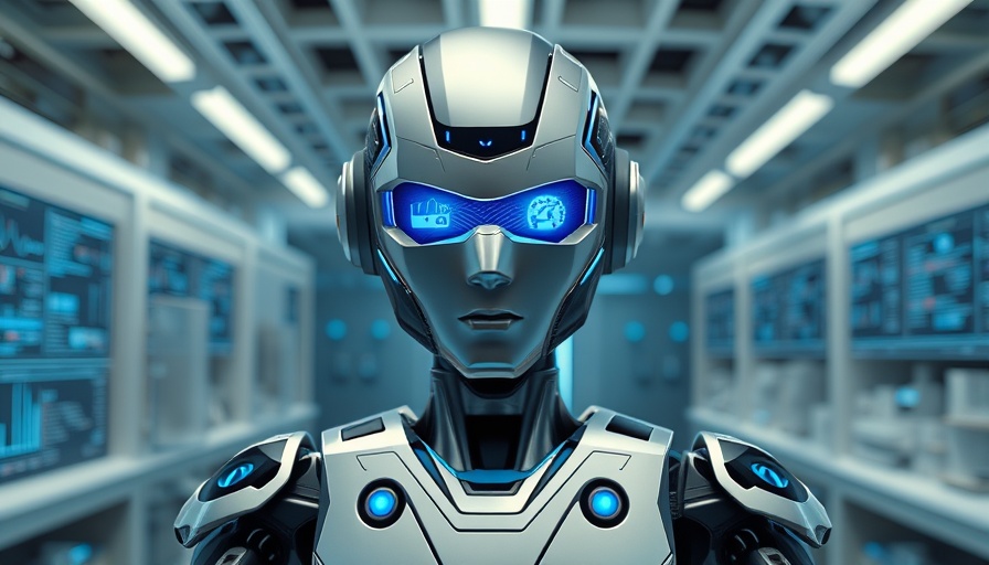 Futuristic AI robot with LangGraph and LangSmith logos in high-tech lab