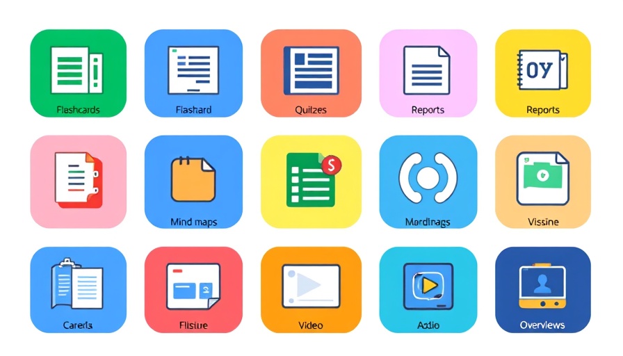 Graphic showcasing Google NotebookLM features with colorful icons.