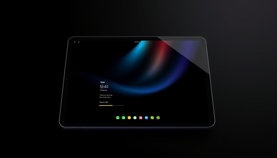 Apple tablet with futuristic UI for M5 chip productivity.