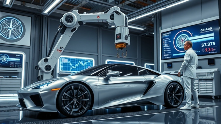 AI automating car servicing with robotic arm and digital displays.