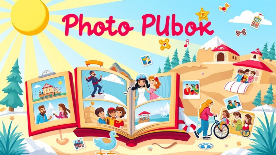 Illustrated synthetic photo albums with vacation themes