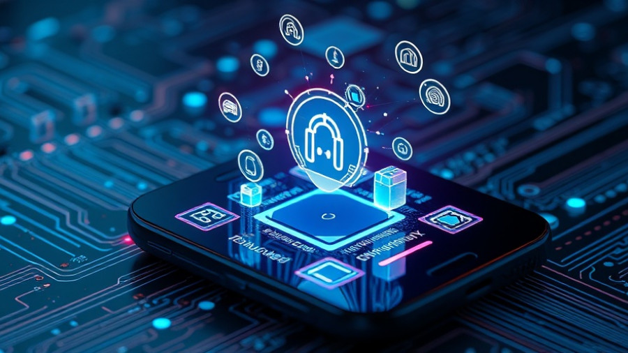 Futuristic display with AI icons and code from smartphone, digital environment.