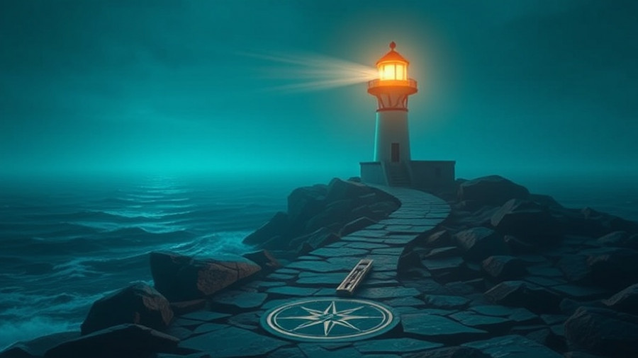 Futuristic lighthouse scene with hexagonal tech icons and compass, illustrating future-proofing in AI careers.
