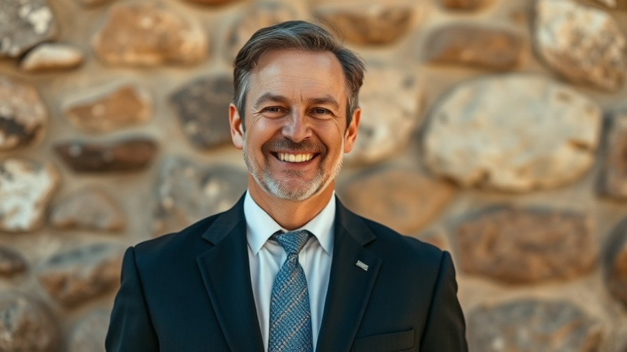 Smiling man with a stone wall background, conveying professionalism