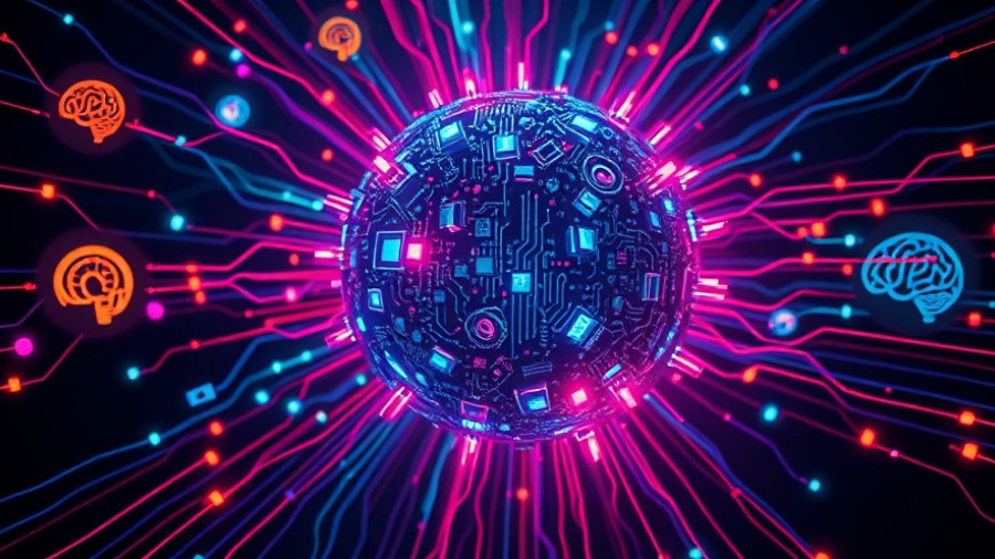 Futuristic AI model in digital art with neon blocks and wires.