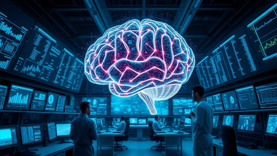 Digital brain and scientists in futuristic lab analyzing data.