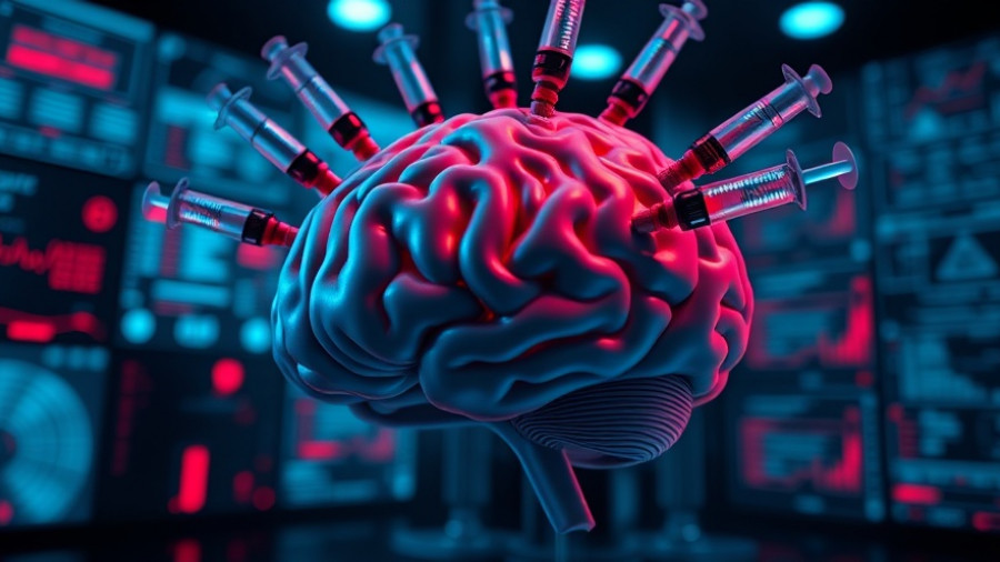 Digital brain model pierced by syringes symbolizing data poisoning in LLMs.