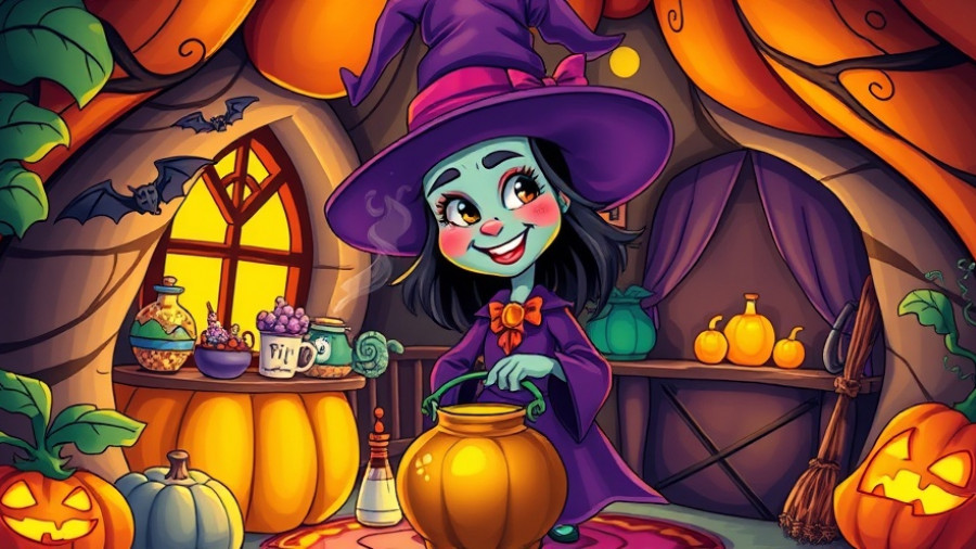 Cartoon witch in a magical cottage, related to Halloween themed apps for businesses.