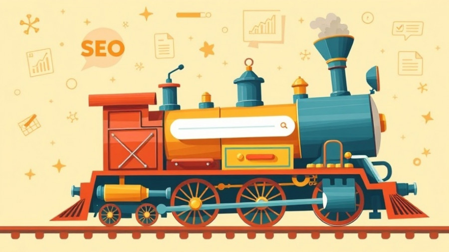 Vintage-style train illustration symbolizing AI Tools for SEO, whimsical design.