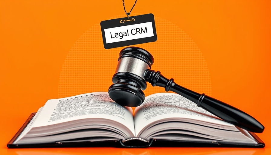 Illustrative gavel and book with 'Legal CRM' nametag, vibrant orange backdrop.