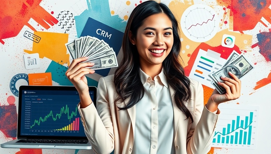 Dynamic collage showcasing best CRM for investment banking with businesswoman and financial elements.