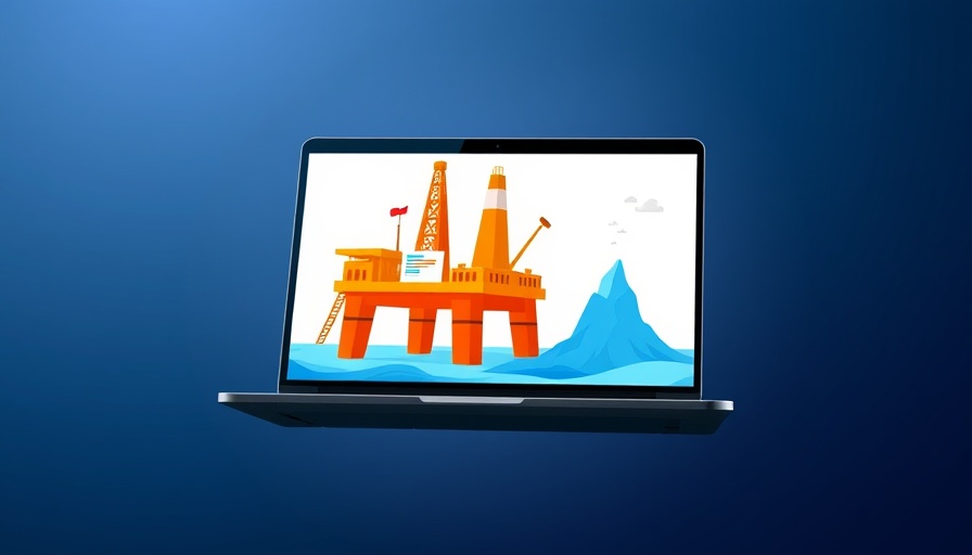 Laptop with software displaying over oil rig illustration, CRMs for oil and gas.