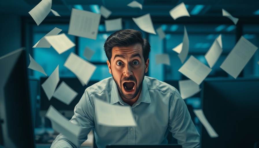 Surprised man in office with papers flying, cinematic photo.