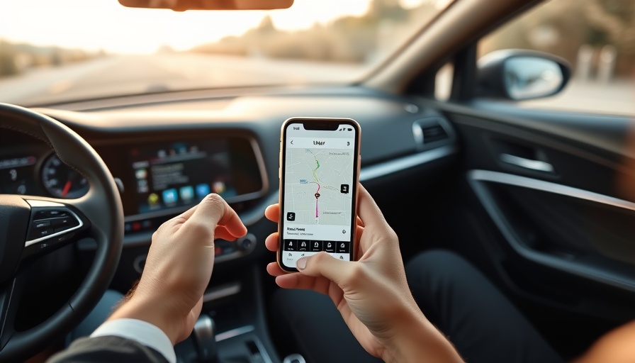 Navigation app in car with Uber screen, demand prediction for businesses concept.