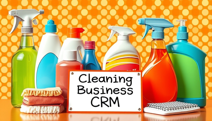 Creative pop art cleaning supplies with CRM name tag, relevant to Best CRMs for Cleaning Businesses 2025.