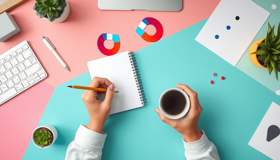 Creative workspace with lead magnet symbols, hands hold coffee and pen.