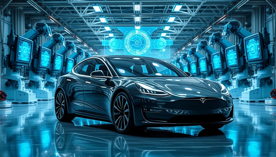 Futuristic Tesla AI manufacturing with advanced robotics in a factory.
