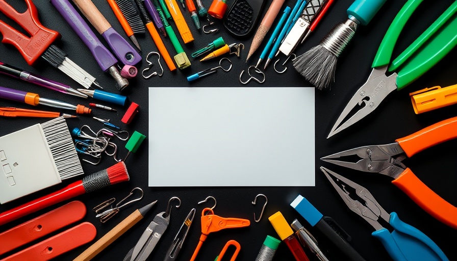 Array of tools and stationery on black background, representing organization.