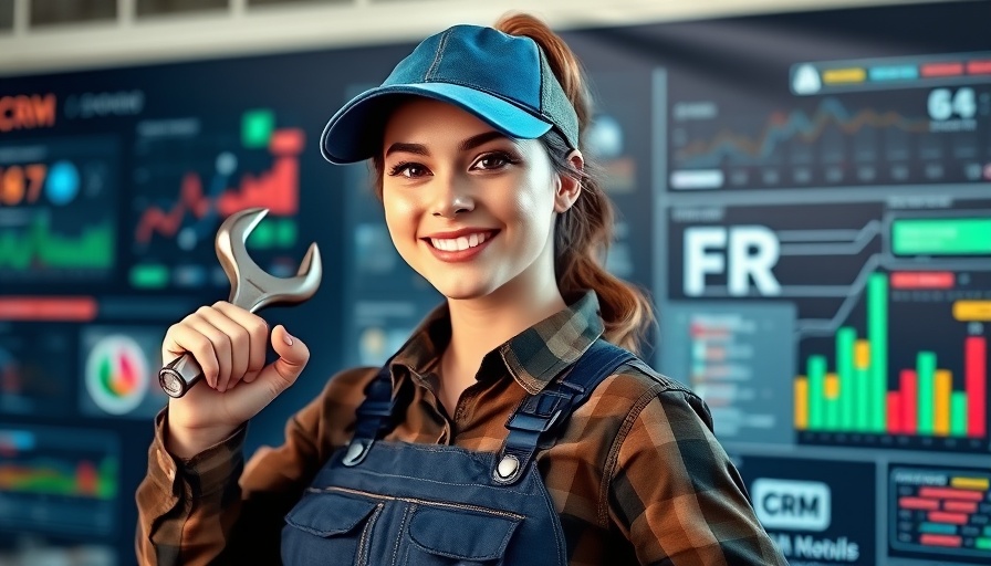Best CRM for plumbers showcased by female plumber holding tools with CRM graphics.
