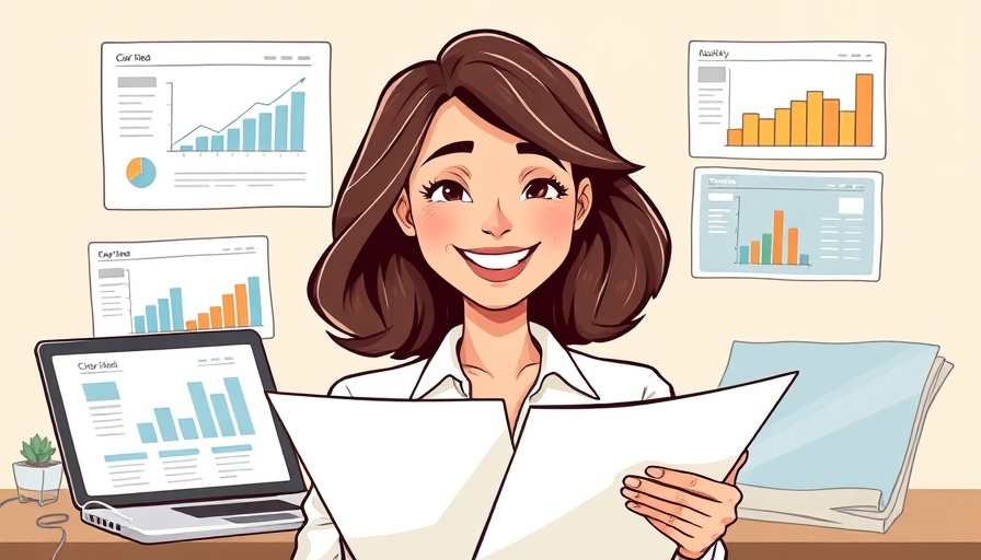 Smiling woman reviews documents with CRM and publishing elements.