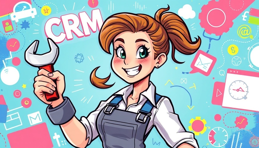 Illustrated plumber with CRM tools on abstract background.