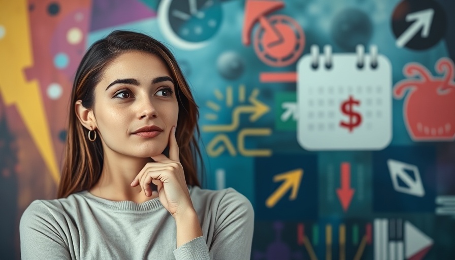 Young woman contemplating a marketing plan with icons and symbols.