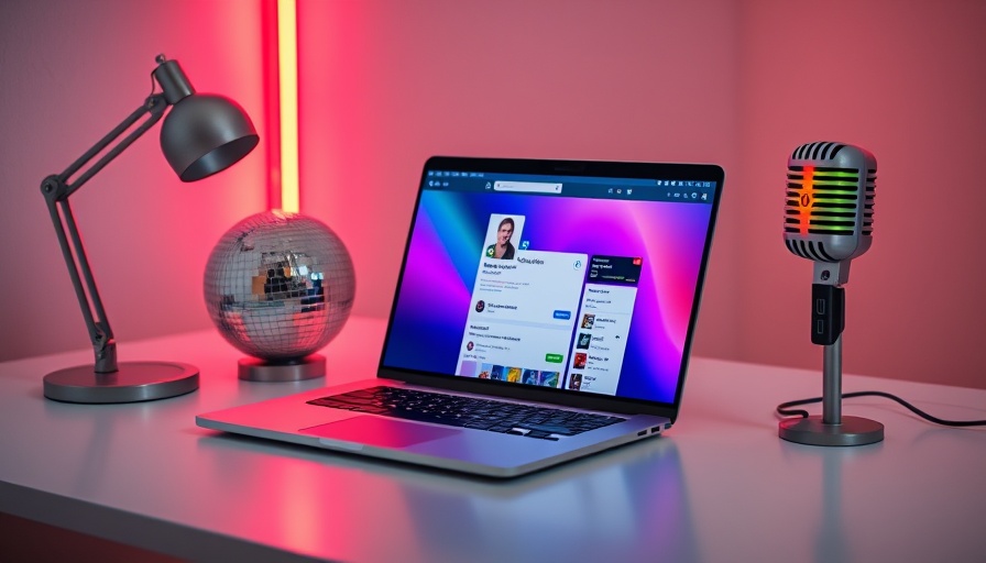 Modern workspace with LinkedIn profile on laptop, vibrant lights.